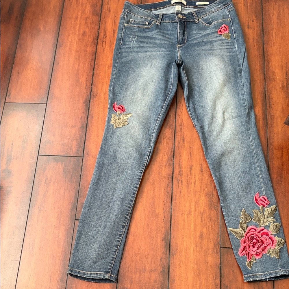 Vintage America Blue Skinny Jeans with Pink Floral Embroidery